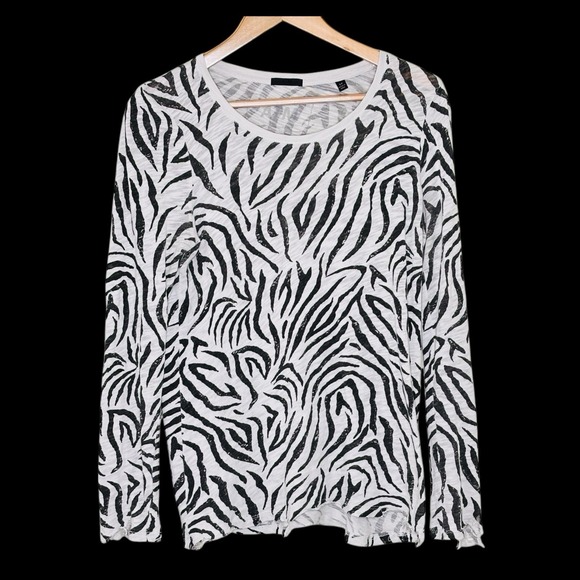 ATM Womens Top Tee Sz‎ Small Zebra Animal Print Long Crewneck Distressed Edgy - Picture 1 of 11